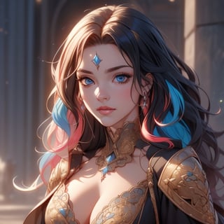 (Masterpiece, high quality,  perfect anatomy, perfect eyes), (beautiful, sensual wizard woman with wavy multicolored hair), (medieval fantasy), more detail XL,1 girl,Detailedface