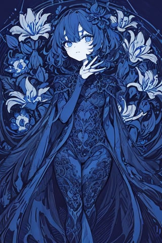 masterpiece, best quality, 1girl, flowers, spider lilly, flat color, lineart, abstract, ornate, dark blue theme, polychrome
