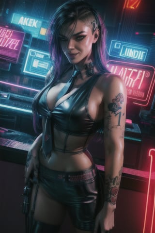 1 Judy, cyberpunk, sexy, tattoos, sexy, badass.  long hair,  half-dressed, ,cyberpunk,Detailedface, happy smile, sexy, suit and tie, black suit, red tie, neon light, sexy, club, neon lights