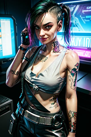 1 Judy, cyberpunk, sexy, tattoos, sexy, badass. Full naked, breasts out, pony tail, tank top, clothed, ,cyberpunk,Detailedface, happy smile, sexy, cute, smoking, sexy,