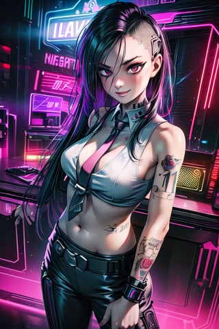 1 Judy, cyberpunk, sexy, tattoos, sexy, badass.  long hair,  half-dressed, ,cyberpunk,Detailedface, happy smile, sexy, suit and tie, black suit, red tie, neon light, sexy, club, neon lights, cute smile