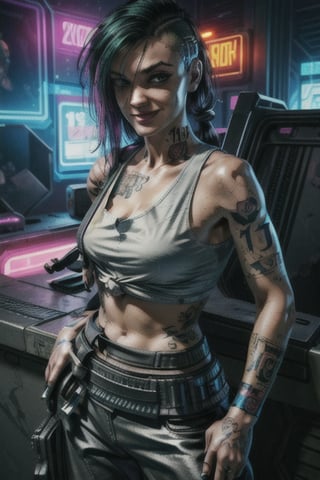 1 Judy, cyberpunk, sexy, tattoos, sexy, badass.  long hair, tank top, clothed, ,cyberpunk,Detailedface, happy smile, sexy, 
