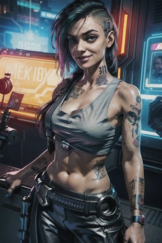 1 Judy, cyberpunk, sexy, tattoos, sexy, badass.  long hair, tank top, clothed, ,cyberpunk,Detailedface, happy smile, sexy, 
