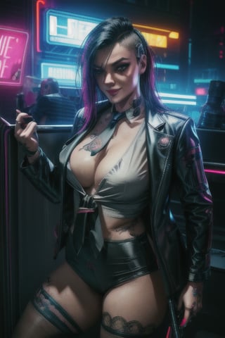 1 Judy, cyberpunk, sexy, tattoos, sexy, badass.  long hair,  half-dressed, ,cyberpunk,Detailedface, happy smile, sexy, suit and tie, black suit, red tie, neon light, sexy, club, neon lights