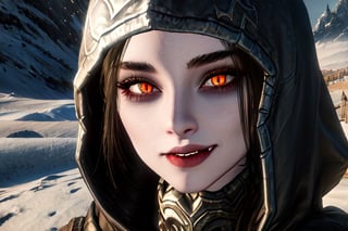 1 girl, close up, smile, Skyrim, Snow, mountains, hood up, vampire fangs