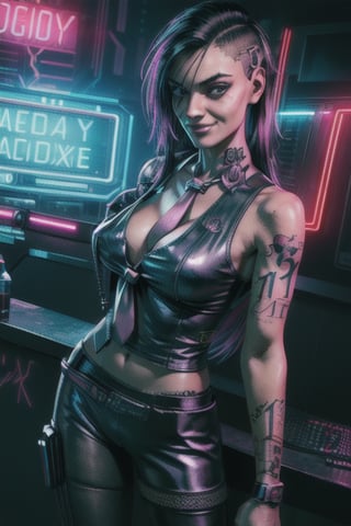 1 Judy, cyberpunk, sexy, tattoos, sexy, badass.  long hair,  half-dressed, ,cyberpunk,Detailedface, happy smile, sexy, suit and tie, black suit, red tie, neon light, sexy, club, neon lights