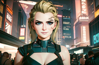 1 girl, nighty city, cyberpunk, sexy outfit, close up, collar, barely_clothed, smile,  blonde hair,