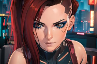 1 girl, red hair, brown eyes, nighty city, cyberpunk, sexy outfit, close up,