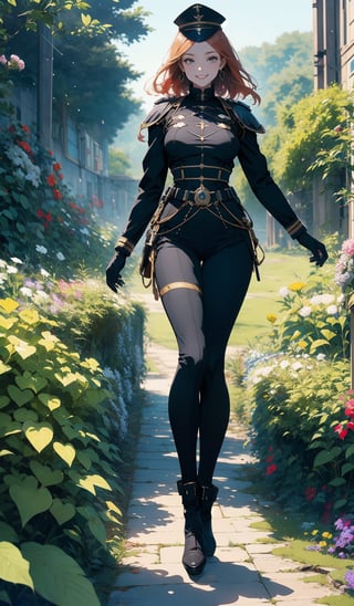 A beautiful 17 year old woman, ginger girl, hazel eyes, She is a model, small breasts, joyful look, (smlie), happy, hourglass body shape, slim waist, ((full-body_portrait)), military uniform, black color heavy armor fullbody, on huge garden, sorcery, mech, factory, portrait,illustration