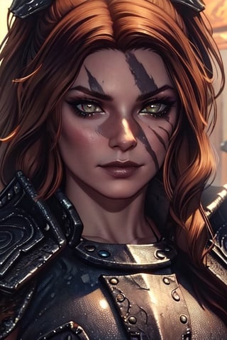 1 girl,  close up,  badass,  smirk,  warrior, ,Skyrim, close up, smirk,  war paint, lycanthrope,photo of perfecteyes eyes