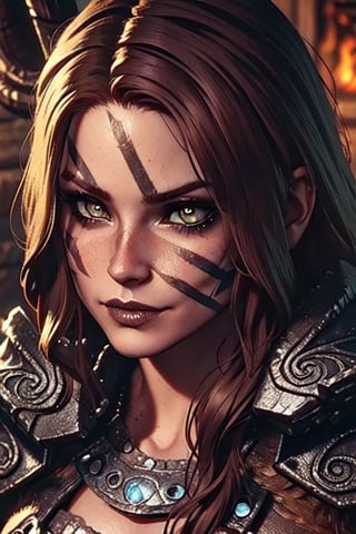 1 girl,  close up,  badass,  smirk,  warrior, ,Skyrim, close up, smirk,  war paint, lycanthrope,photo of perfecteyes eyes