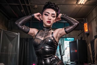 1 girl, small breasts, close up face, looking at viewer, open smile, fishnet bra septum piercing ,red lips, half shaved head, ear piercings, heavy make-up, heavy make-up, 3 metal fingers, cyber eye, cyberpunk outfit, cyberpunk tight leotard, giant tv screens turned on, sexy, hair, large wrist device computer, bathroom tiles, cyberpunk bedroom, cyberpunk furniture, Binary tattoo , bed room, bed, pillow, selife,