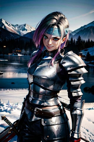 sword, weather, snow, ice, mountain, fury armor, fanastay armor, headband, shiled, sexy, battle, happy, smile, smirk, happy, badass