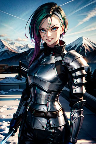 sword, weather, snow, ice, mountain, fury armor, fanastay armor, headband, shiled, sexy, battle, happy, smile, smirk, happy, badass