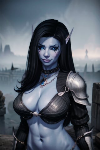 1 girl, blue skin elf ears, eye tattoos, black hair, magic, small boobs, , smile, cute, long black nails, wedding ring, collar, horns, ruined city, chains, enslaved soulsm destroyed city, ruins, dead wold, oblivion, blue magical sky, armor, black armor, daedra, demon, daedra, sword, monsters, giant chains, blue fire, large horns, large horn armor