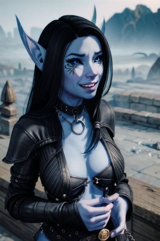 1 girl, blue skin elf ears, eye tattoos, black hair, magic, small boobs, , smile, cute, long black nails, wedding ring, collar, horns, ruined city, chains, enslaved soulsm destroyed city, ruins, dead wold, oblivion, blue magical sky, armor, black armor, daedra, demon, daedra, sword, monsters, giant chains, blue fire, large horns, large horn armor