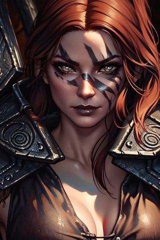 1 girl,  close up,  badass,  smirk,  warrior, ,Skyrim, close up, smirk,  war paint, lycanthrope,photo of perfecteyes eyes