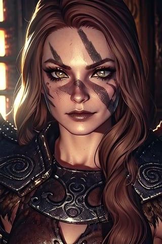 1 girl,  close up,  badass,  smirk,  warrior, ,Skyrim, close up, smirk,  war paint, lycanthrope,photo of perfecteyes eyes