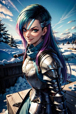 sword, weather, snow, ice, mountain, fury armor, fanastay armor, headband, shiled, sexy, battle, happy, smile, smirk, happy, badass