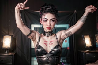 1 girl, small breasts, close up face, looking at viewer, open smile, fishnet bra septum piercing ,red lips, half shaved head, ear piercings, heavy make-up, heavy make-up, 3 metal fingers, cyber eye, cyberpunk outfit, cyberpunk tight leotard, giant tv screens turned on, sexy, hair, large wrist device computer, bathroom tiles, cyberpunk bedroom, cyberpunk furniture, Binary tattoo , bed room, bed, pillow, selife,