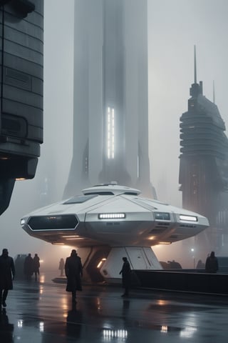 close-up of a futuristic white spaceship in the middle of dystopian city during an overcast day, atmosphere is dark and ominous, with a misty environment and low contrast muted color tones. shot on a 500mm zoom lens, with a shallow depth of field, creating a lens flare,  background is a silhouette of buildings, shrouded in atmospheric fog, dramatic lighting, cinematic asthetic, captured in 4K UHD, captivating visuals, inspired by blade runner 2049 movie still,more detail XL