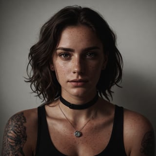 photo, rule of thirds, dramatic lighting, medium hair, detailed face, detailed nose, woman wearing tank top, freckles, collar or choker, smirk, tattoo, intricate background
,realism,realistic,raw,analog,woman,portrait,photorealistic,analog,realism