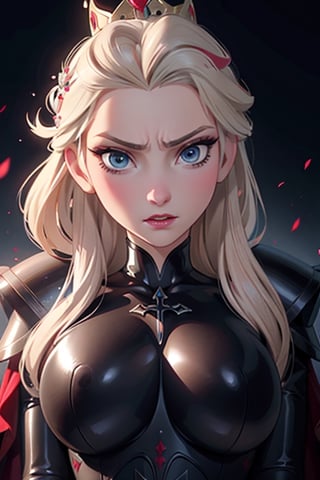 face, close up, eyes, close up latex suit. Elsa, , mistress, a dominant look, big boobs, crop in hand, hands, arms, cross, armour, sword, crown, mean expression,