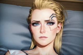 1 girl, close up, blonde hair, blue eyes, future apartment bedroom. bed,  selfie, sexy face, depressing, crying, ruined make-up, laying in bed