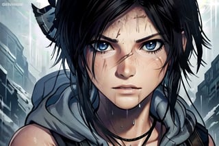 1 tomb raider, lara, photo of perfecteyes eyes, survivor, hero,  shipwrecks, bow drawn, aiming, close up,perfecteyes eyes, hero, survivor, hero, jungle, hooded, assassin, tactual,  snow, rain, jungle, ruins, tomb, lighting, bust, stealth, sexy, nude, clean, knife