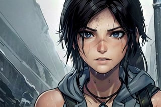 1 tomb raider, lara, photo of perfecteyes eyes, survivor, hero,  shipwrecks, bow drawn, aiming, close up,perfecteyes eyes, hero, survivor, hero, jungle, hooded, assassin, tactual,  snow, rain, jungle, ruins, tomb, lighting, bust, stealth, sexy, nude, clean, knife