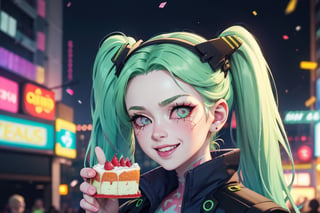 1 girl, party hat, celebrating, party, cyberpunk apartment, happy, cake, confetti, grinning, lose up, blonde hair, blue eyes, ,cprebecca, prebecca, colored skin, white skin, green hair, twintails, artificial eye, colored sclera, red sclera, night city, future cars, selife, ,colored skin,white skin,green hair,twintails