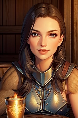 1 girl, close up, smile, close up, wooden walls, wooden pillars, Taven, table, tankard, armour, sword, paintings, torch, sword, inn, drinking, ale, mead, chairs, tables, music, open fire,photo of perfecteyes eyes