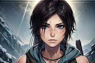 1 tomb raider, lara, photo of perfecteyes eyes, survivor, hero,  shipwrecks, bow drawn, aiming, close up,perfecteyes eyes, hero, survivor, hero, jungle, hooded, assassin, tactual,  snow, rain, jungle, ruins, tomb, lighting, bust, stealth, sexy, nude, clean, knife