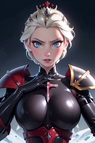 face, close up, eyes, close up latex suit. Elsa, , mistress, a dominant look, big boobs, crop in hand, hands, arms, cross, armour, sword, crown, mean expression,