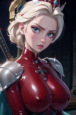 face, close up, eyes, close up latex suit. Elsa, , mistress, a dominant look, big boobs, crop in hand, hands, arms, cross, armour, sword, crown, mean expression,