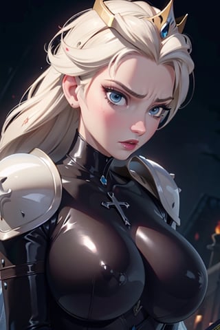 face, close up, eyes, close up latex suit. Elsa, , mistress, a dominant look, big boobs, crop in hand, hands, arms, cross, armour, sword, crown, mean expression,