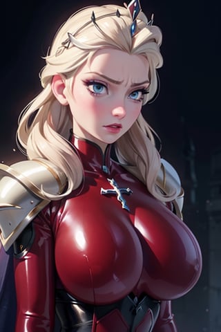 face, close up, eyes, close up latex suit. Elsa, , mistress, a dominant look, big boobs, crop in hand, hands, arms, cross, armour, sword, crown, mean expression,