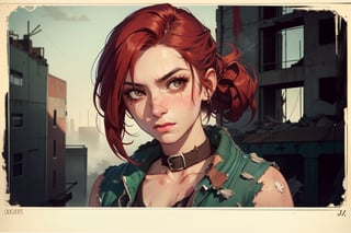 1 girl, close up, dirty, large metal collar,  red hair, black eye, brown eyes, ruined city, destroyed skyscrapers, nuked,  TATTERED CLOTHES, TORN CLOTHES, radiation, green filter, ,post-apocalypic_fashion