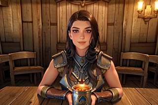 1 girl, close up, smile, close up, wooden walls, wooden pillars, Taven, table, tankard, armour, sword, paintings, torch, sword, inn, drinking, ale, mead, chairs, tables, music, open fire,