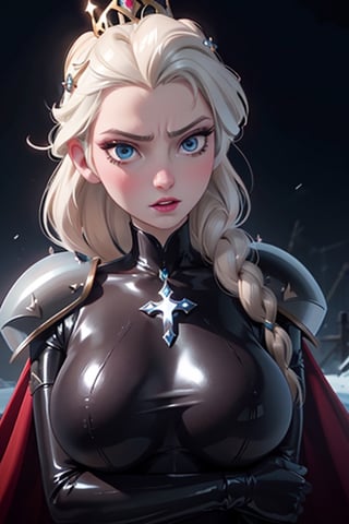 face, close up, eyes, close up latex suit. Elsa, , mistress, a dominant look, big boobs, crop in hand, hands, arms, cross, armour, sword, crown, mean expression,