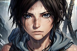 1 tomb raider, lara, photo of perfecteyes eyes, survivor, hero,  shipwrecks, bow drawn, aiming, close up,perfecteyes eyes, hero, survivor, hero, jungle, hooded, assassin, tactual,  snow, rain, jungle, ruins, tomb, lighting, bust, stealth, sexy, nude, clean, knife