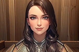 1 girl, close up, smile, close up, wooden walls, wooden pillars, Taven, table, tankard, armour, sword, 