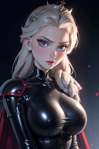 face, close up, eyes, close up latex suit. Elsa, , mistress, a dominant look, big boobs, crop in hand, hands, arms, cross, armour, sword, crown, mean expression,