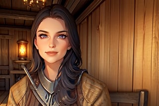 1 girl, close up, smile, close up, wooden walls, wooden pillars, Taven, table, tankard, armour, sword, paintings, torch, sword, inn, drinking, ale, mead, chairs, tables, music, open fire,photo of perfecteyes eyes