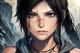 1 tomb raider, lara, photo of perfecteyes eyes, survivor, hero,  shipwrecks, bow drawn, aiming, close up,perfecteyes eyes, hero, survivor, hero, jungle, hooded, assassin, tactual,  snow, rain, jungle, ruins, tomb, lighting, bust, stealth, sexy, nude, clean, knife