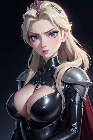 face, close up, eyes, close up latex suit. Elsa, , mistress, a dominant look, big boobs, crop in hand, hands, arms, cross, armour, sword, crown, mean expression,