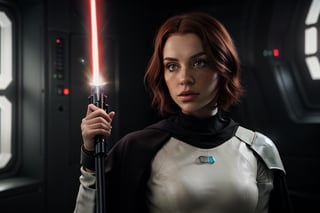  girl, photoreal , rule of thirds, dramatic lighting, dark bright red hair, short hair, detailed face, detailed nose, freckles, jedi temple background ,realism,realistic,raw,analog,woman,portrait,photorealistic,analog,realism, pale_skin_ green eyes, sexy, nose_pierced, star wars, full body, jedi robesl Star Wars, full body, lightsaber, at peace, stormtrooper, darth vader, darkness, jedi, wounded, full body, purple lightsaber, space, jedi, hero, mass effect, combat armour full body, gun, cut on lip, hero, the Empire, the darkside, full body, ready to fight, death awaits darth Vader fighting