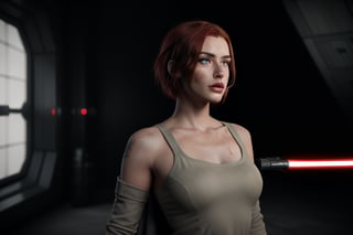  girl, photoreal , rule of thirds, dramatic lighting, dark bright red hair, short hair, detailed face, detailed nose, freckles, jedi temple background ,realism,realistic,raw,analog,woman,portrait,photorealistic,analog,realism, pale_skin_ green eyes, sexy, nose_pierced, star wars, full body, jedi robesl Star Wars, full body, lightsaber, at peace, stormtrooper, darth vader, darkness, jedi, wounded, full body, purple lightsaber, space, jedi, hero, mass effect, combat armour full body, gun, cut on lip, hero, the Empire, the darkside, full body, ready to fight, death awaits darth Vader fighting