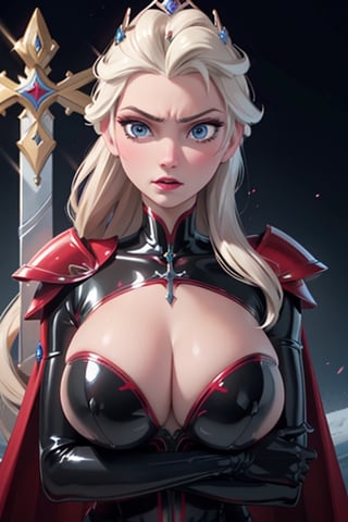 face, close up, eyes, close up latex suit. Elsa, , mistress, a dominant look, big boobs, crop in hand, hands, arms, cross, armour, sword, crown, mean expression,