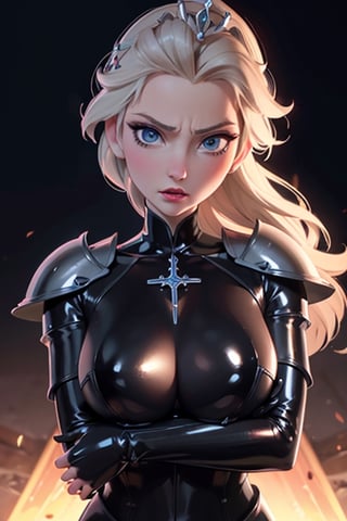 face, close up, eyes, close up latex suit. Elsa, , mistress, a dominant look, big boobs, crop in hand, hands, arms, cross, armour, sword, crown, mean expression,